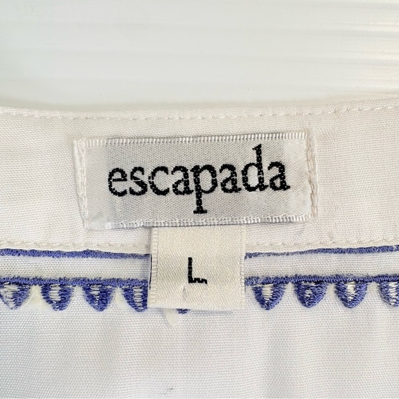 Escapada Ivory Boho Blouse with Blue Embroidery Side Slits Wide Bell Sleeve SzL - Picture 6 of 12